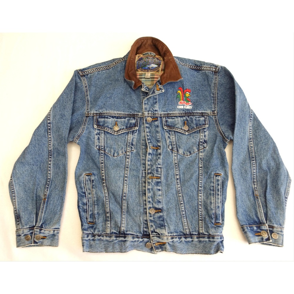 Upstream Jacket Mens S Blue Denim Bomber Corn Flakes Rooster Logo Plaid Lined